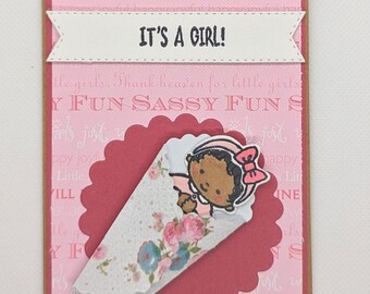 It's a Girl Baby Shower Card (black hair)