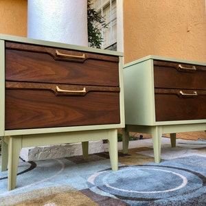 SOLD Do Not Purchase. Pair of Mid Century Modern MCM Walnut & Burlwood Nightstands image 1