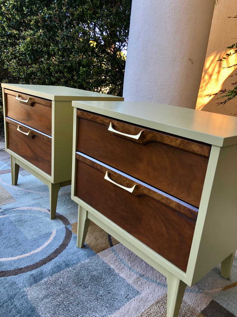 SOLD Do Not Purchase. Pair of Mid Century Modern MCM Walnut & Burlwood Nightstands image 5
