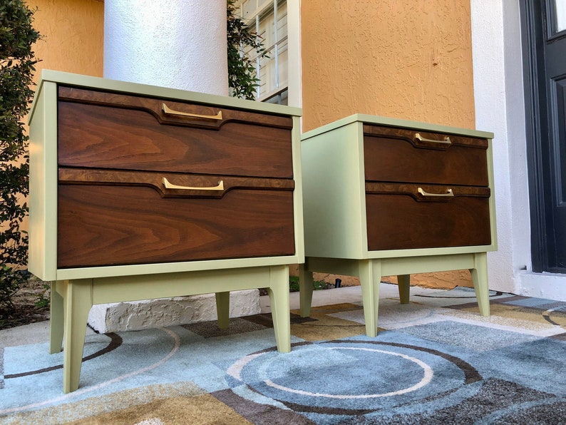 SOLD Do Not Purchase. Pair of Mid Century Modern MCM Walnut & Burlwood Nightstands image 1
