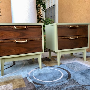 SOLD Do Not Purchase. Pair of Mid Century Modern MCM Walnut & Burlwood Nightstands image 3