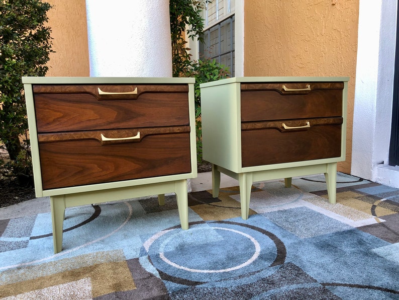 SOLD Do Not Purchase. Pair of Mid Century Modern MCM Walnut & Burlwood Nightstands image 3