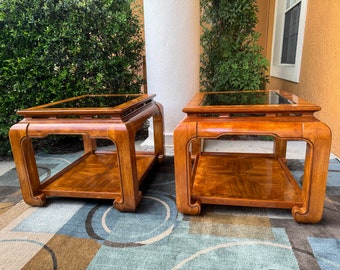 Vintage Chinoserie Chow Leg Ming Style Mid Century Modern Burl Wood End Tables w/Smoked Glass, Free Shipping