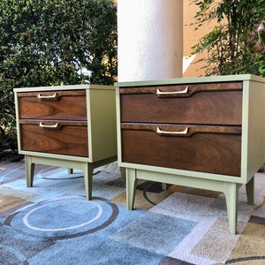 SOLD Do Not Purchase. Pair of Mid Century Modern MCM Walnut & Burlwood Nightstands image 2