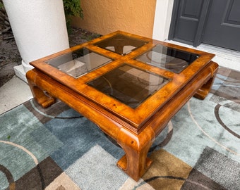 Vintage Chinoserie Chow Leg Ming Style Mid Century Modern Burl Wood Coffee Table w/Smoked Glass, Free Shipping