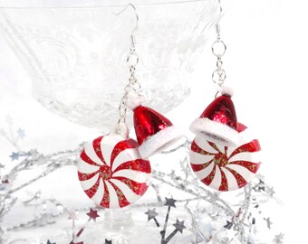 santa hat earrings, peppermint earrings, christmas party earrings, christmas jewelry, red holiday earrings,