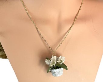 Mini flower basket necklace, floral basket necklace, white open bud flower necklace, Mother's Day necklace, springtime pendant necklace