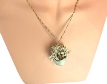 Mini flower basket necklace, floral basket necklace, lily flower necklace, Mother's Day necklace, springtime pendant necklace