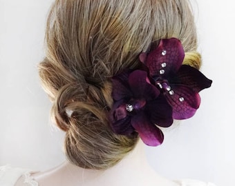 eggplant purple hair pins, eggplant orchid, hair flowers for women, eggplant wedding, bridal hair flower, prom hair accessories, hair pin