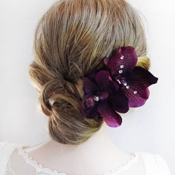 eggplant purple hair pins, eggplant orchid, hair flowers for women, eggplant wedding, bridal hair flower, prom hair accessories, hair pin