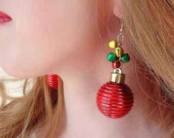 christmas earrings dangle, red christmas earrings, christmas earrings bells, ugly sweater party earrings, holiday earrings