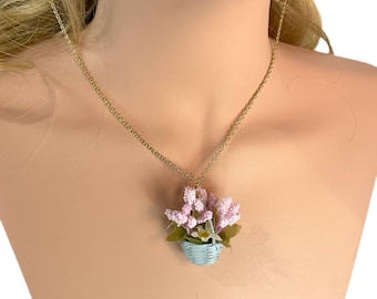 Mini flower basket necklace, floral basket necklace, pink flower necklace, Mother's Day necklace, springtime pendant necklace