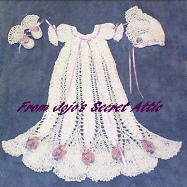 PDF Vintage crochet to make lace Christening gown, Bonnet and Bootees with Rose detail