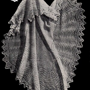 May include: A black and white image of a crocheted lace shawl with a scalloped edge. The shawl is draped over a surface and the image is from Jojo's Secret Attic. The text "Templeton's No. 760 Price 3d" is visible in the upper right corner of the image.