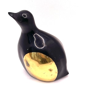 Vintage MCM Brass Penguin Figurine | Painted Black & Gold Bird Decor | Small Animal Sculpture | 3.25&quot; Tall Paperweight