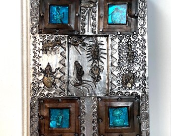 Mixed Media Wall Art: Religious Folk Art Silver Metal & Turquoise Glass, 8x5.75"