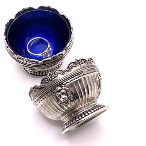 Vintage Godinger Silver Mini Bowls Pair – Lion Head Handles – One with Cobalt Blue Glass Insert – Salt Cellar or Ring Dish