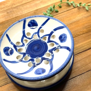 Handmade Blue and White Berry Bowl | Ceramic Fruit Colander with Drain Holes | Signed Pottery Kitchen Decor
