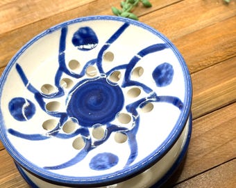 Handmade Blue and White Berry Bowl | Ceramic Fruit Colander with Drain Holes | Signed Pottery Kitchen Decor