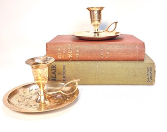 Vintage Brass Chamberstick Candlestick Holders Set • R.B. India Marked • 4” Diameter 2” Height • Small Taper Candle Holder with Handle