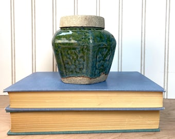 Vintage Studio Pottery Lidded Jar – Blue Green Glazed Stoneware – Handmade Rustic Canister – 4”
