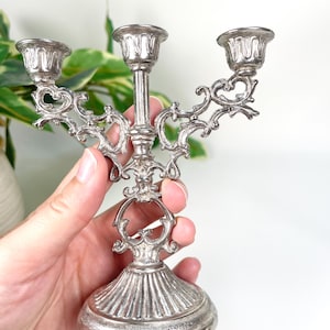 Ornate Silver Candelabra | 3-Arm Candle Holder, 5” Tall Vintage Table Decor, Baroque Style Centerpiece