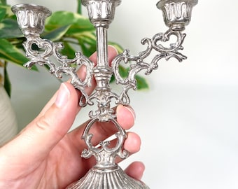 Ornate Silver Candelabra | 3-Arm Candle Holder, 5” Tall Vintage Table Decor, Baroque Style Centerpiece