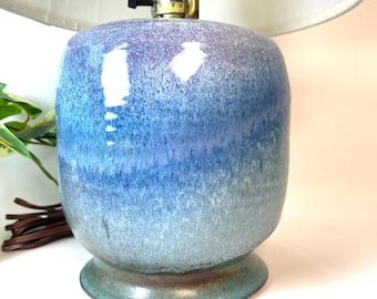 Vintage Blue Ombre Pottery Table Lamp with Shade – Studio Ceramic Glaze – Coastal Cottage Lighting – 17” Tall