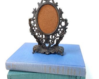 Ornate Victorian Style Standing Metal Picture Frame, Antique Finish Tabletop Oval Frame