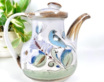 Ken Edwards Tonalá Pottery Teapot, Hand Painted Blue Birds, Mexican Folk Art