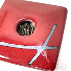 Modern Red Ikebana Vase with frog – Contemporary Square Pottery Flower Holder with Kenzan, 5.5” x 5.5”