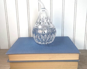 Vintage Crystal Pear Candy Dish, Lidded Cut Glass Jar, Vanity Decor