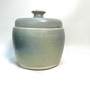 Vintage Studio Pottery Jar with Lid – Green Glazed Ceramic Storage Canister – 7" Tall by 7" Wide – Rustic Kitchen Decor, Signed