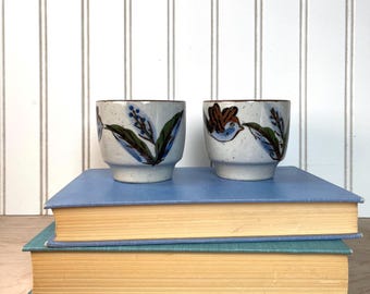Set of 2 Hand-Painted Stoneware Cups | Bird & Botanical Motif | Japanese Studio Style Pottery