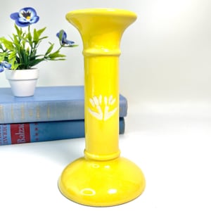 Vintage Yellow Ceramic Candlestick Holder – 6.4” Tall Taper Candle Holder with White Floral Motif, Mid-Century Style Table Decor