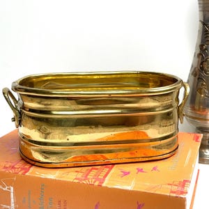 Vintage Brass Oval Planter with Handles | Hosley India Lacquered Brass Pot | Boho Rustic Indoor Plant Holder | Oval Brass Bowl