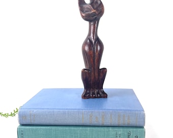 Vintage Hand Carved Wood Cat Figurine | Folk Art Sculpture