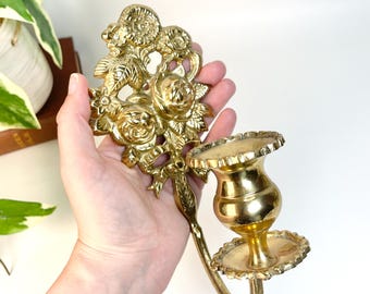 Vintage Wall Candle Holder Sconce – Ornate Floral Gold Wall Decor – Brass Candle– 8&quot; Wall Mounted Candleholder – Vintage Home Lighting