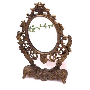 Specchio ovale in ottone decorato vintage – Specchio da tavolo rococò, 6,75x4,5&quot;