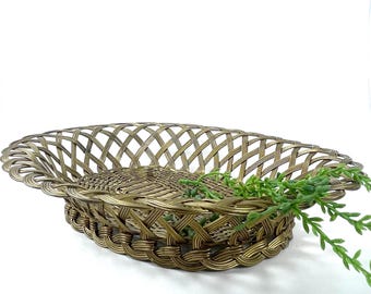 Vintage Woven Brass Basket | Mid Century Oval Centerpiece
