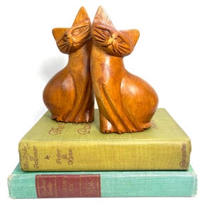 Hand-Carved Wooden Cat Figurines: Mid-Century Modern Minimalist Decor