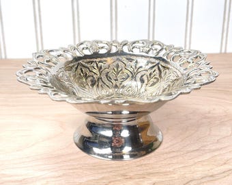 Vintage Silver Plated Pedestal Bowl with Etched Brass Interior | Made in India