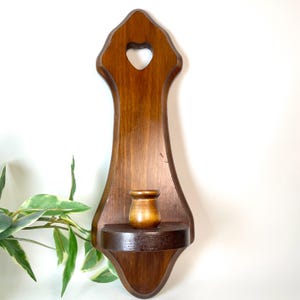 Vintage Wood Wall Candle Holder – Rustic Taper Sconce with Heart Cutout, Primitive Farmhouse Wall Decor, 15” Hanging Candle Shelf