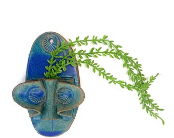 Handmade Abstract Pottery Face Wall Pocket – Ceramic Air Plant Holder or Dried Flower Vase – Blue Green Stoneware Wall Art