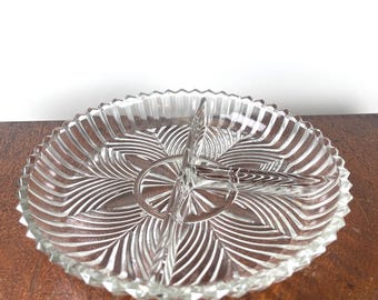 Vintage Divided Pressed Glass Relish Dish Three Section Candy Nut Tray