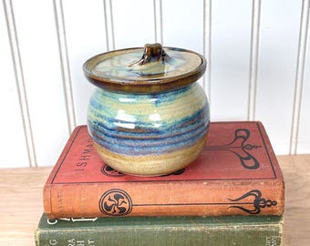 Handmade Studio Pottery Lidded Jar Signed BN | Blue Green Stoneware Canister