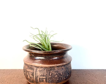 Vintage Studio Pottery Hanging Planter | Signed | Rustic Brown Stoneware | Wall or Hanging Plant Pot