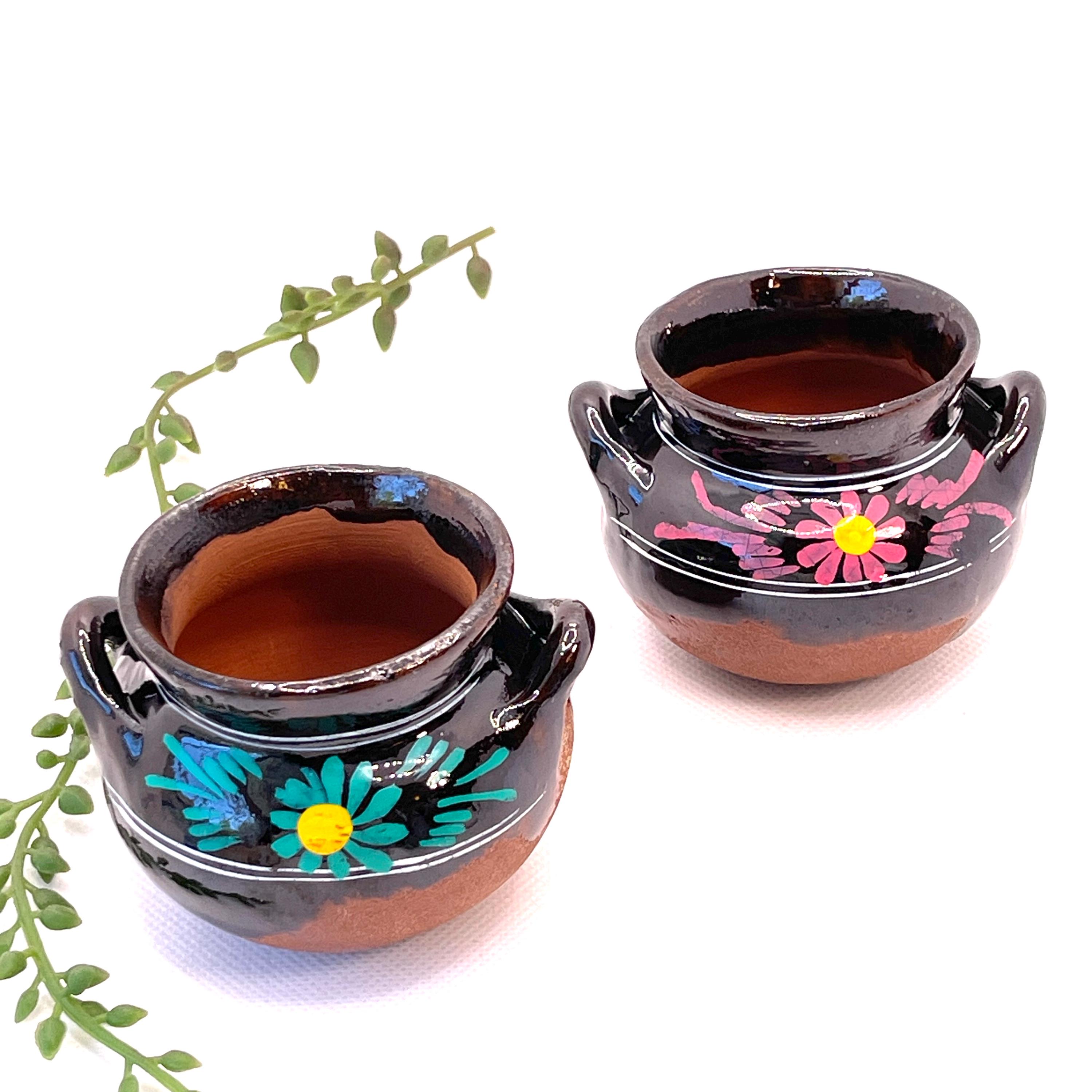 Miniature Mexican Clay Pot with Floral Design – Pink or Blue – 2" x 3" – Rustic Folk Art Decor