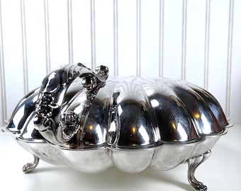 Vintage Large Silver Plated Shell Dish With Handle Ornate Footed Coastal Decor Statement Centerpiece