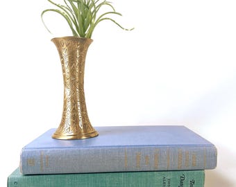 Vintage Etched Brass Bud Vase Floral Engraved India Small Decorative Vase